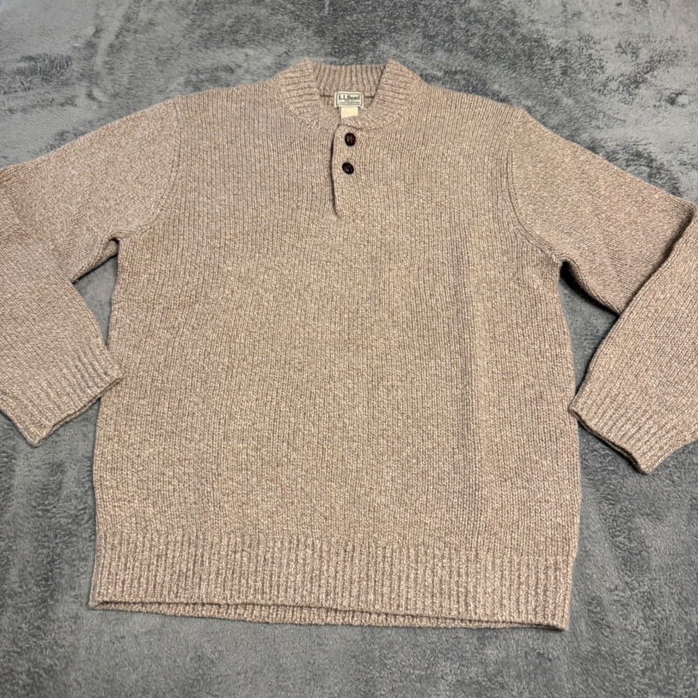 LL Bean Mens Classic Ragg Lambswool Henley Sweater Oatmeal Beige 285174 Sz L NEW - Picture 1 of 7